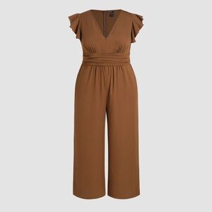 WOVEN RUFFLE HEM RUCHED V-NECK JUMPSUIT CURVE & PLUS